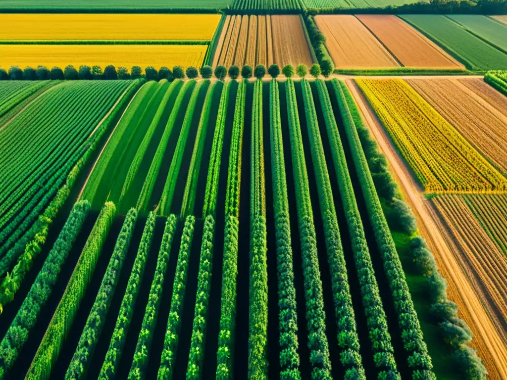 Campo agrícola moderno con cultivos en filas, bañado por la luz dorada del atardecer