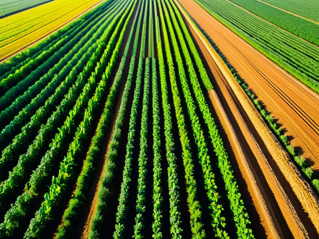 Campo agrícola moderno con cultivos modificados genéticamente, reflejando la transformación de la agricultura mediante biotecnología