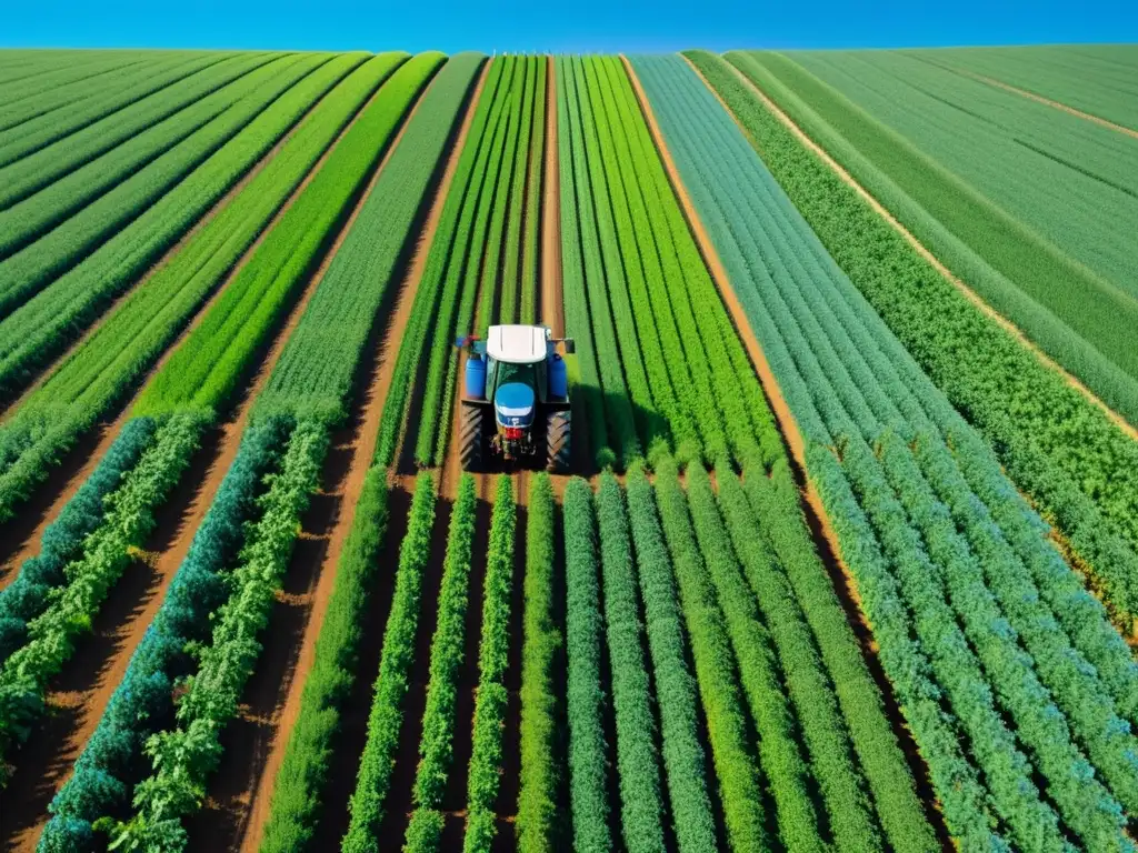 Un campo agrícola moderno con cultivos verdes vibrantes bajo un cielo azul