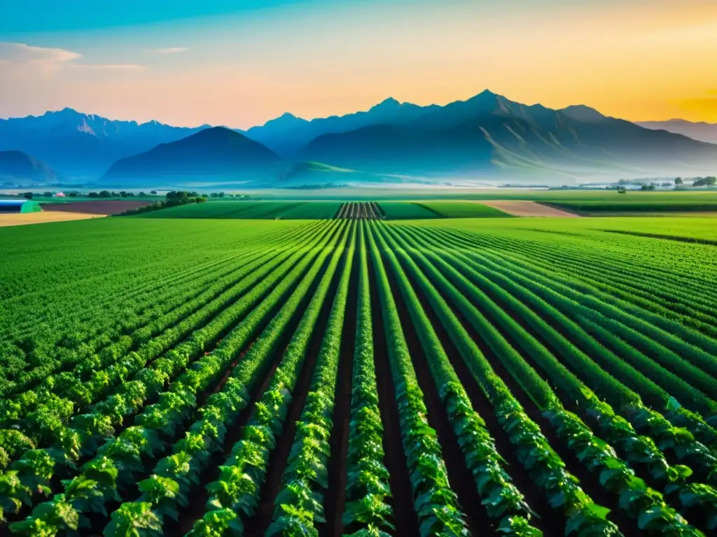 Un campo agrícola moderno y extenso se extiende hasta el horizonte, con cultivos verdes en filas perfectas