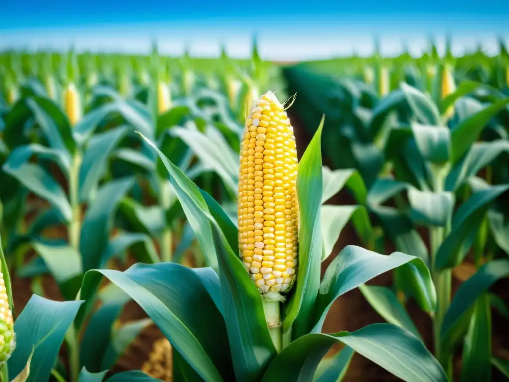 Un campo de maíz genéticamente modificado se extiende bajo un cielo azul claro