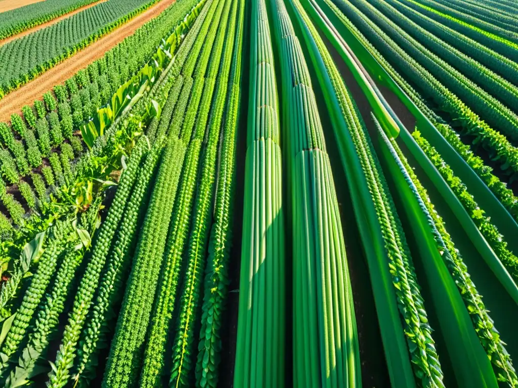 Campo de maíz genéticamente modificado con filas perfectamente alineadas, hojas verdes y mazorcas doradas