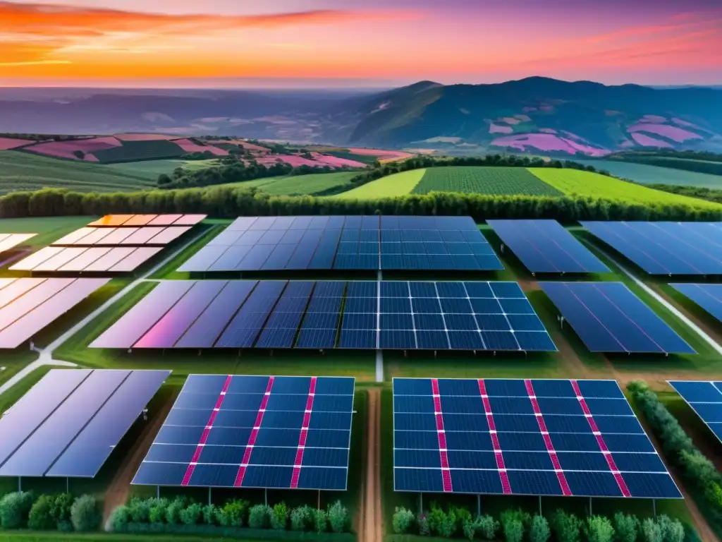 Campo de paneles solares al atardecer, reflejando el cielo naranja y rosa