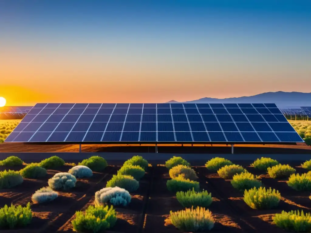 Un campo de paneles solares con un diseño moderno, bañado por la luz cálida del atardecer