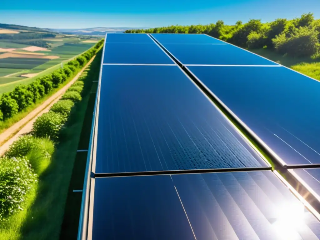 Un campo de paneles solares futuristas con recubrimientos de nanomateriales, reluciendo bajo el sol en un paisaje verde y cielo azul