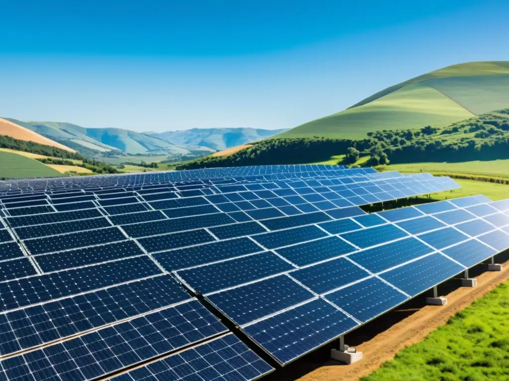 Un campo de paneles solares de última generación en un paisaje de colinas verdes y cielo azul