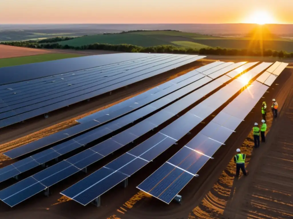 Un campo de paneles solares con el sol poniéndose, brillando sobre los paneles