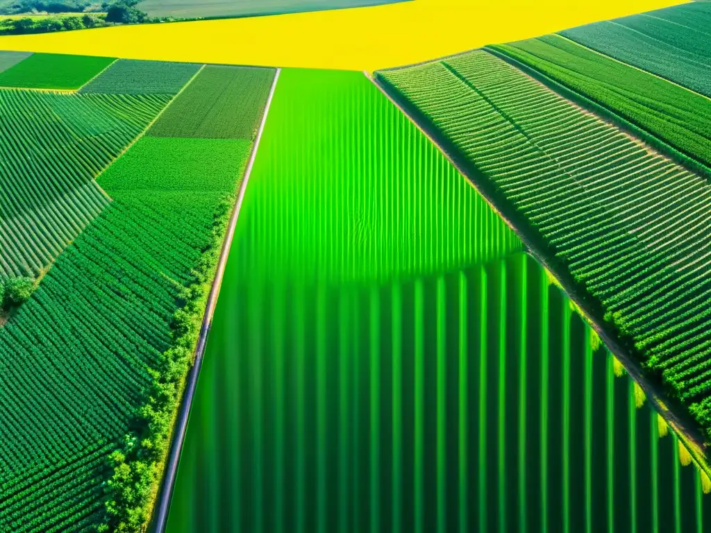 Un campo rural iluminado por el sol con cultivos y tecnología, mostrando la integración de IoT y blockchain en la seguridad alimentaria en el campo