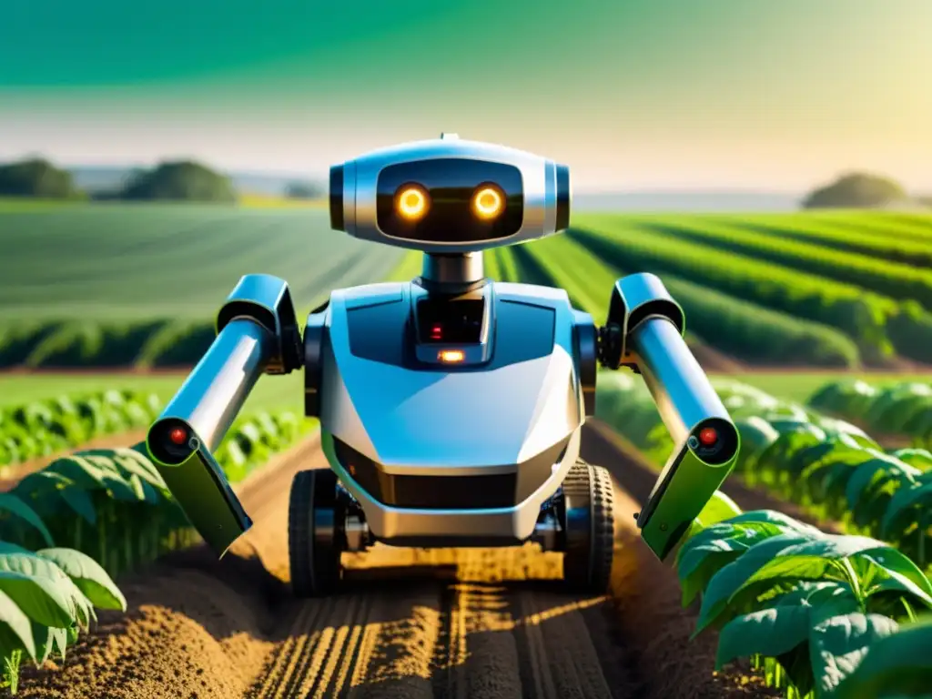 Robot agrícola futurista navega en campo soleado, innovando la agricultura moderna