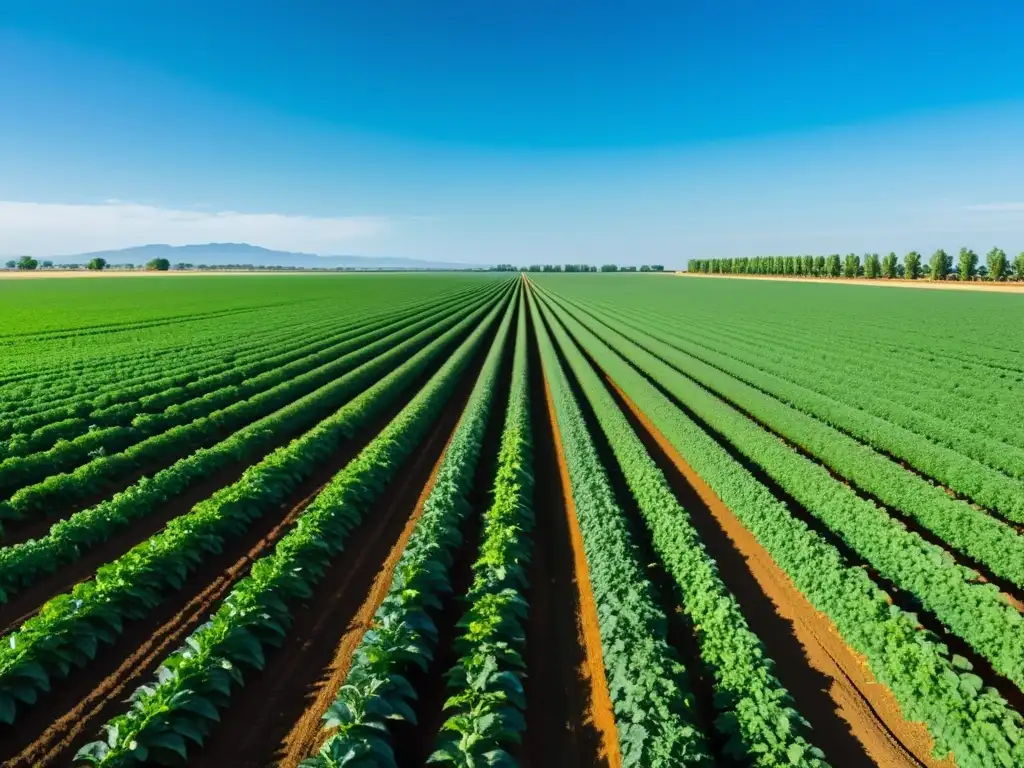 Un campo verde exuberante se extiende bajo un cielo azul claro, con hileras de cultivos vibrantes que se extienden hasta el horizonte