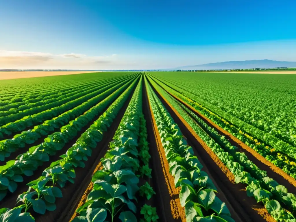 Campo agrícola verde exuberante con cultivos resistentes al cambio climático, tecnología avanzada y prácticas sostenibles