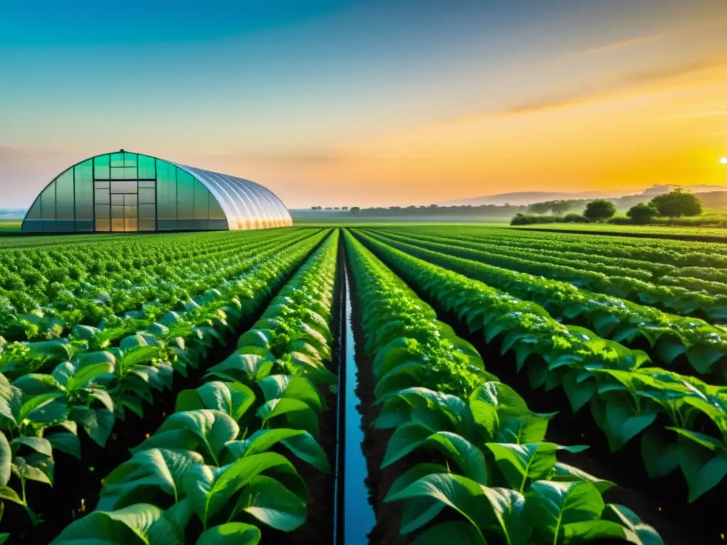 Un campo verde exuberante se extiende hacia el horizonte, con detalles de plantas en alta definición