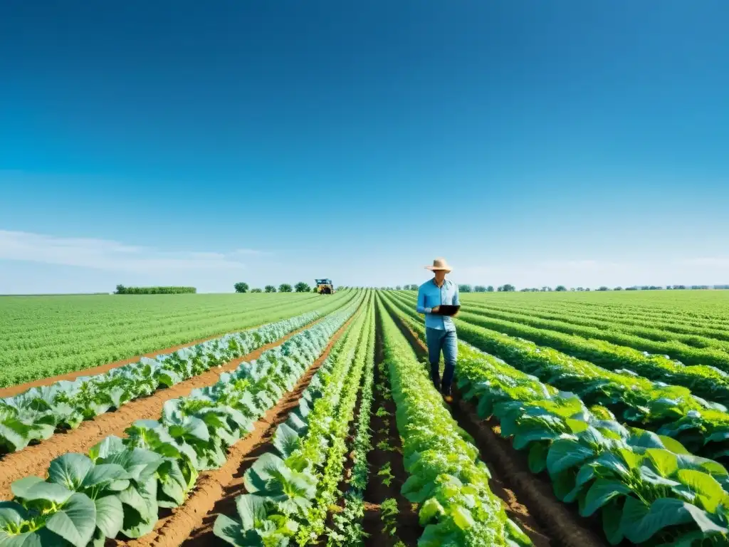 Un campo agrícola verde exuberante se extiende hasta el horizonte bajo un cielo azul claro, con cultivos plantados ordenadamente y un agricultor inspeccionando las plantas con una tableta en la mano