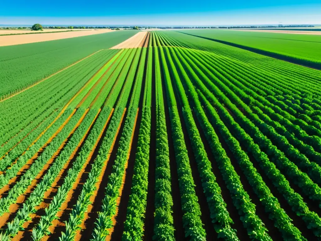 Campo agrícola verde exuberante con innovaciones del IoT en agricultura y tecnología sostenible, bajo un cielo azul