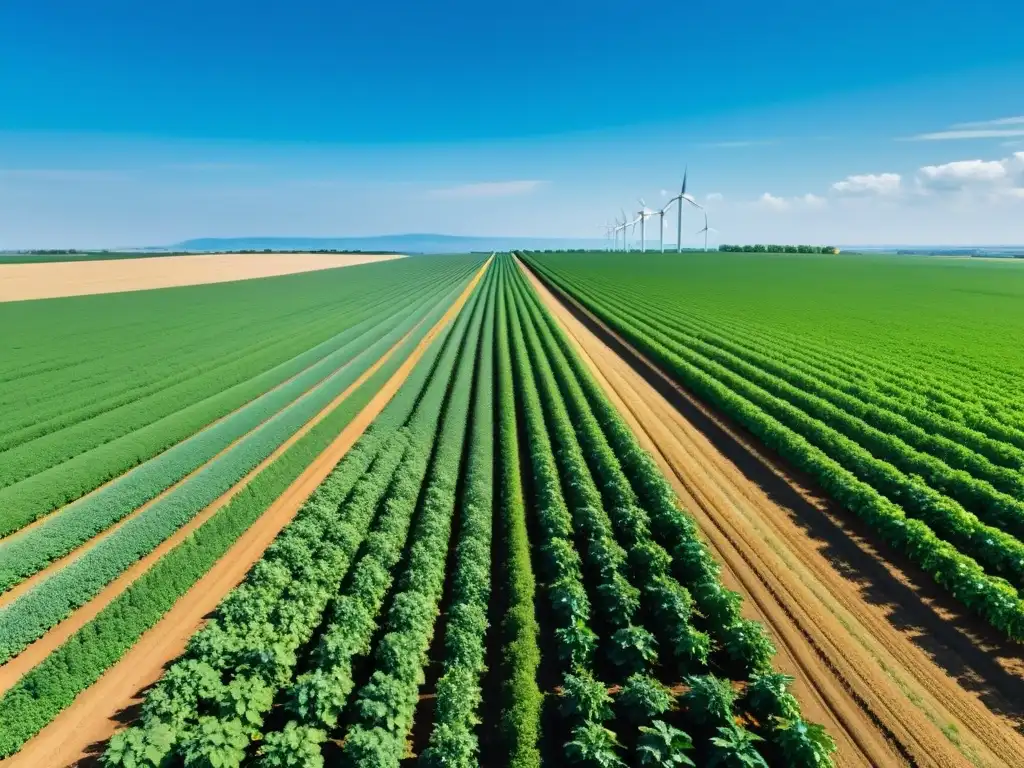 Campo agrícola tecnológico bajo cielo azul Campo agrícola verde exuberante con estación meteorológica IoT, datos en pantalla, montañas al fondo