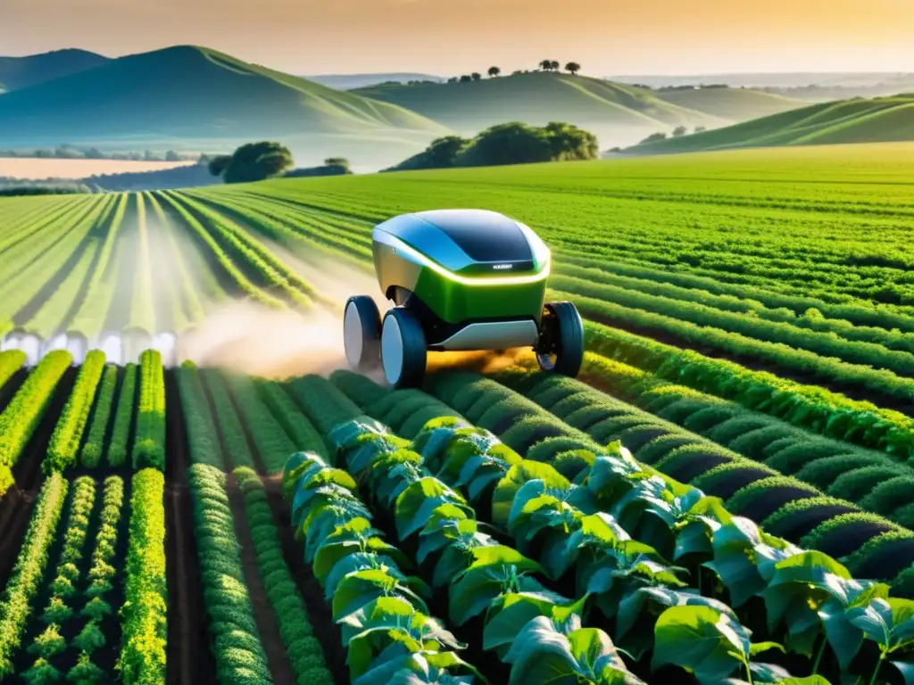 Robot agrícola moderno en un campo verde exuberante Un campo verde exuberante se extiende hasta donde alcanza la vista, bañado por la cálida luz dorada del sol