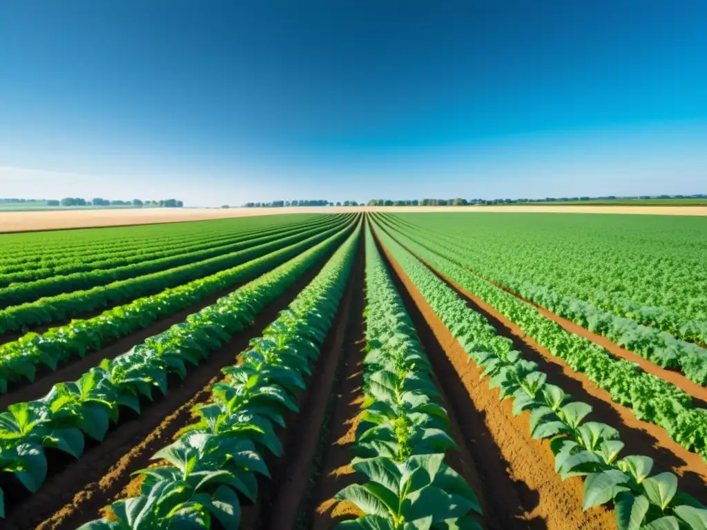 Un campo agrícola verde y vibrante se extiende bajo un cielo azul claro