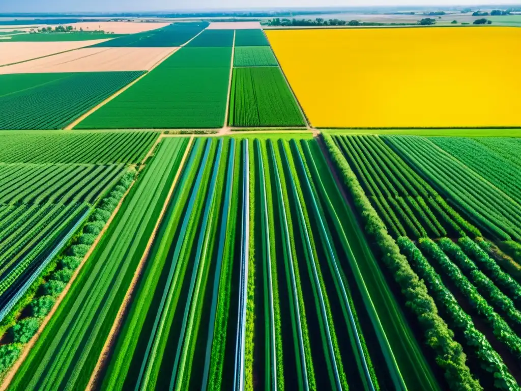 Campo agrícola verde y vibrante con cultivos y tecnología avanzada