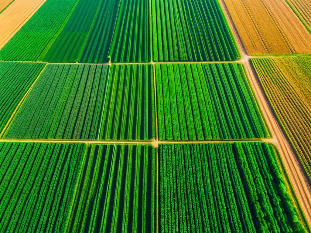 Un campo agrícola vibrante y ordenado, con tecnología de riego y maquinaria robótica en funcionamiento