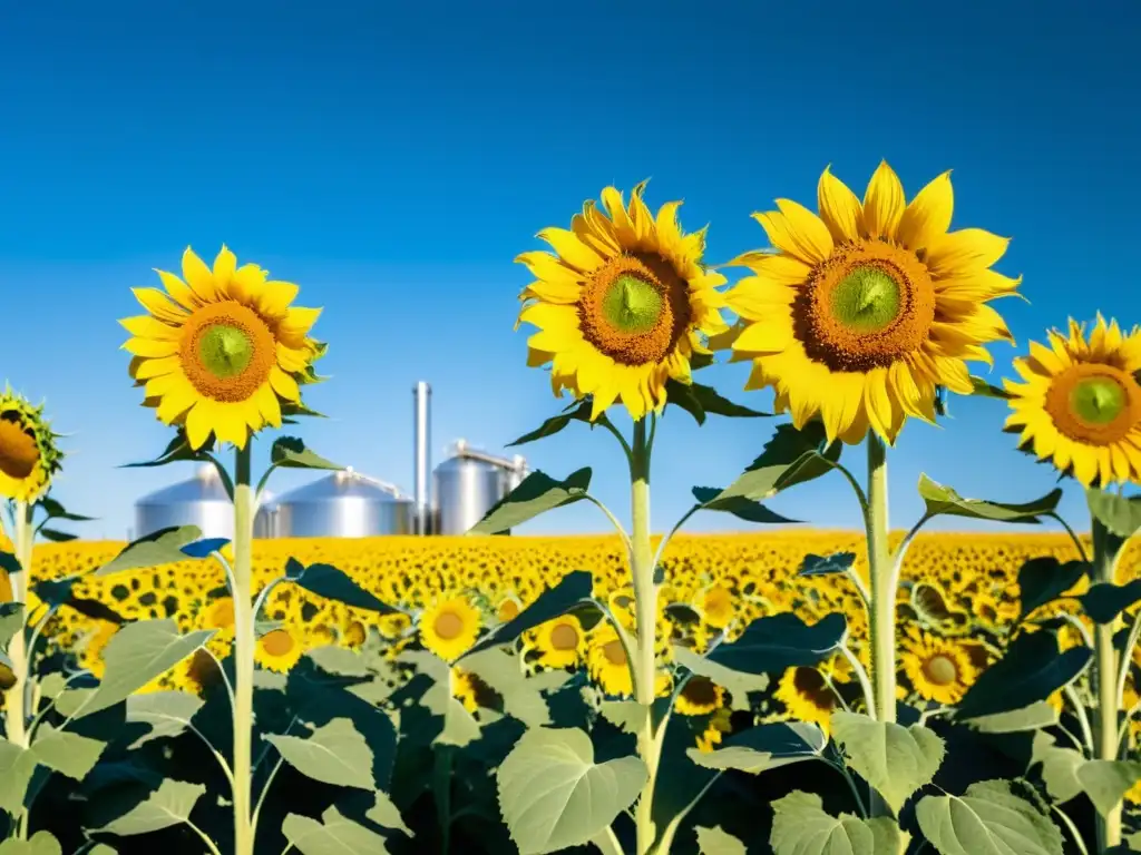 Un campo de vibrantes girasoles amarillos bajo un cielo azul, con una moderna planta de biodiésel en el fondo