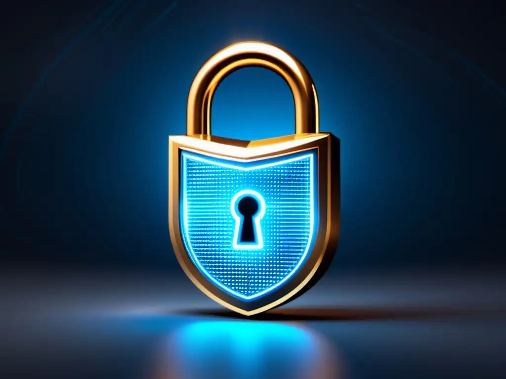 Candado digital futurista con códigos de encriptación azules Un candado digital futurista de alta tecnología con detalles metálicos intrincados y símbolos de cifrado azul brillante, rodeado por un escudo transparente con líneas de código