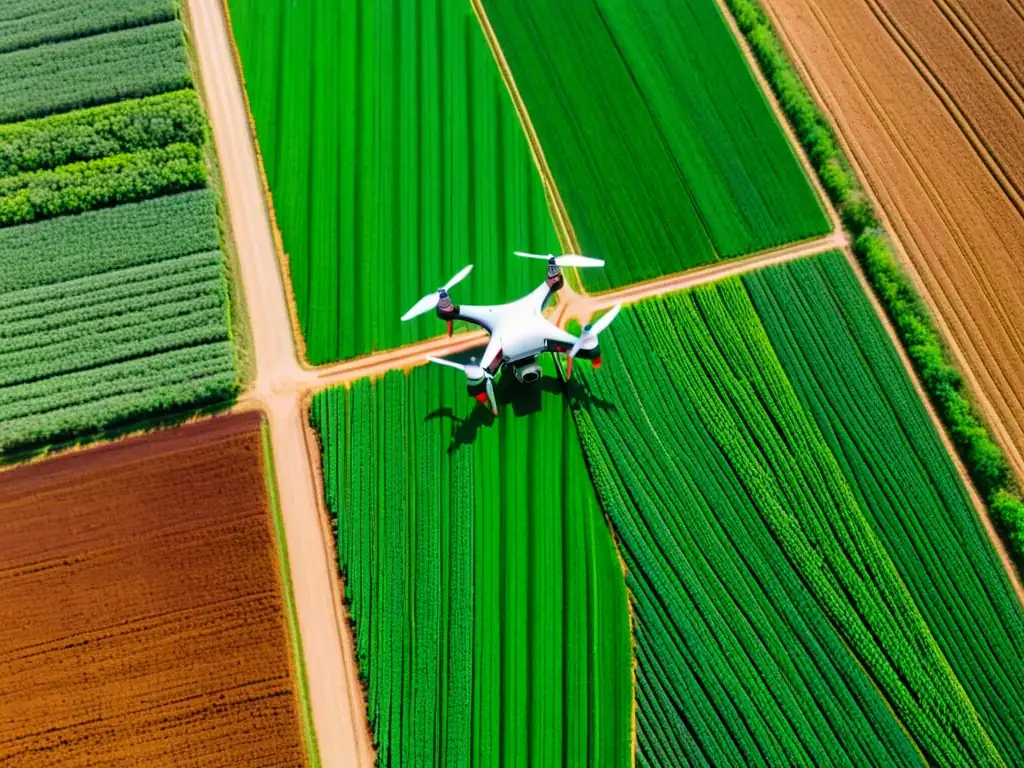 Dron agrícola moderno captura cultivos y suelo fértil