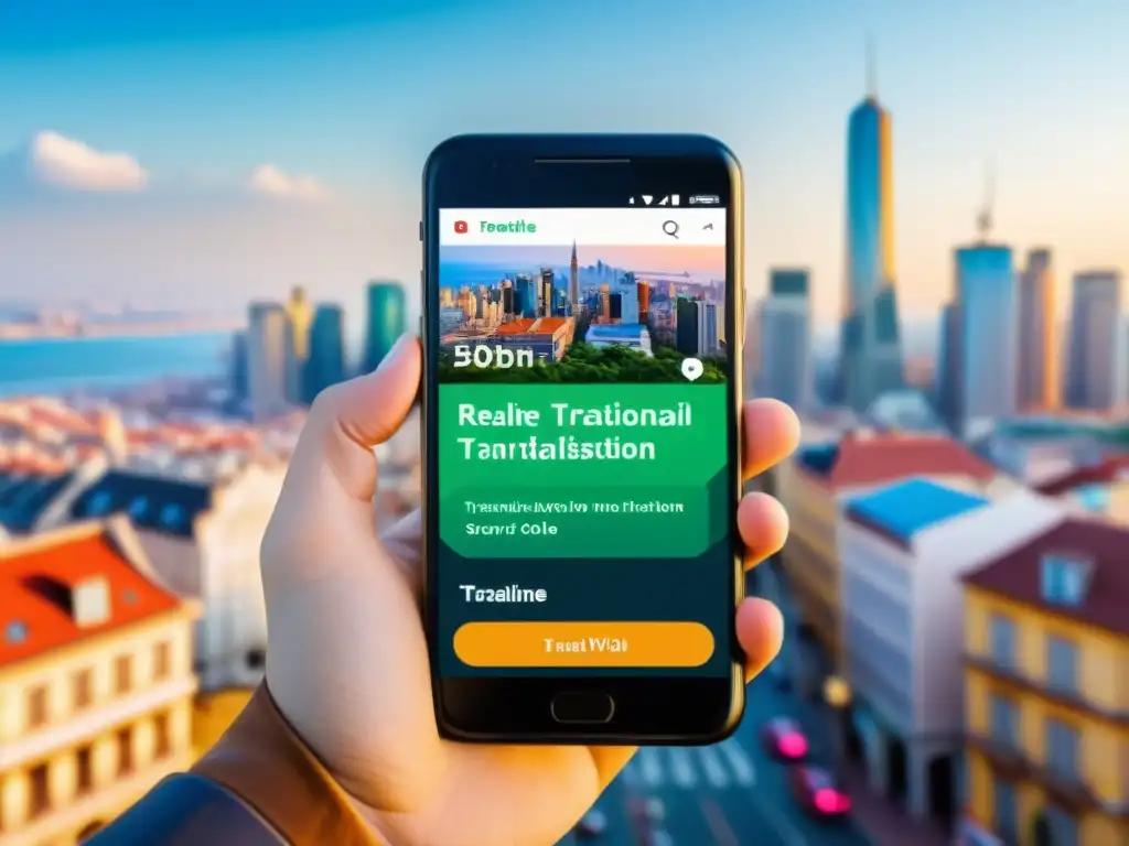 Captura de pantalla de una aplicación de traducción en tiempo real en un smartphone, con un diseño moderno y traducción instantánea