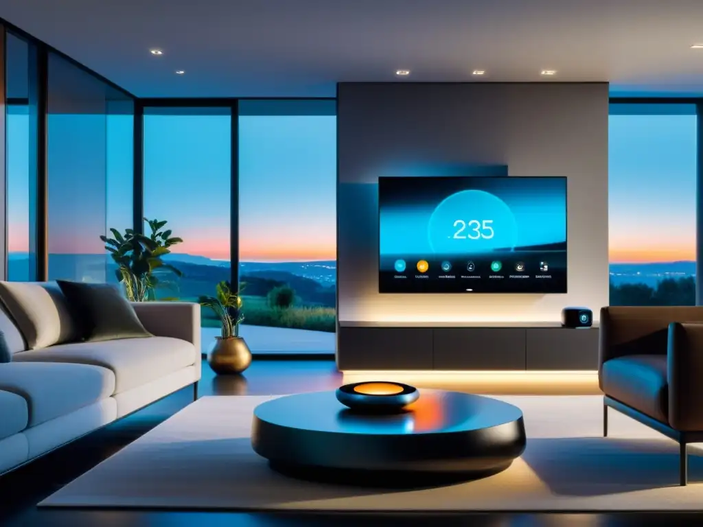 Una casa futurista con dispositivos IoT integrados, iluminación ambiental y tecnología doméstica avanzada