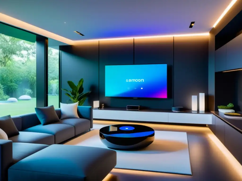 Hogar inteligente del futuro: IoT conecta cada aspecto de la vida diaria Una casa inteligente futurista con dispositivos IoT integrados, enfatizando la responsabilidad ética en la IoT