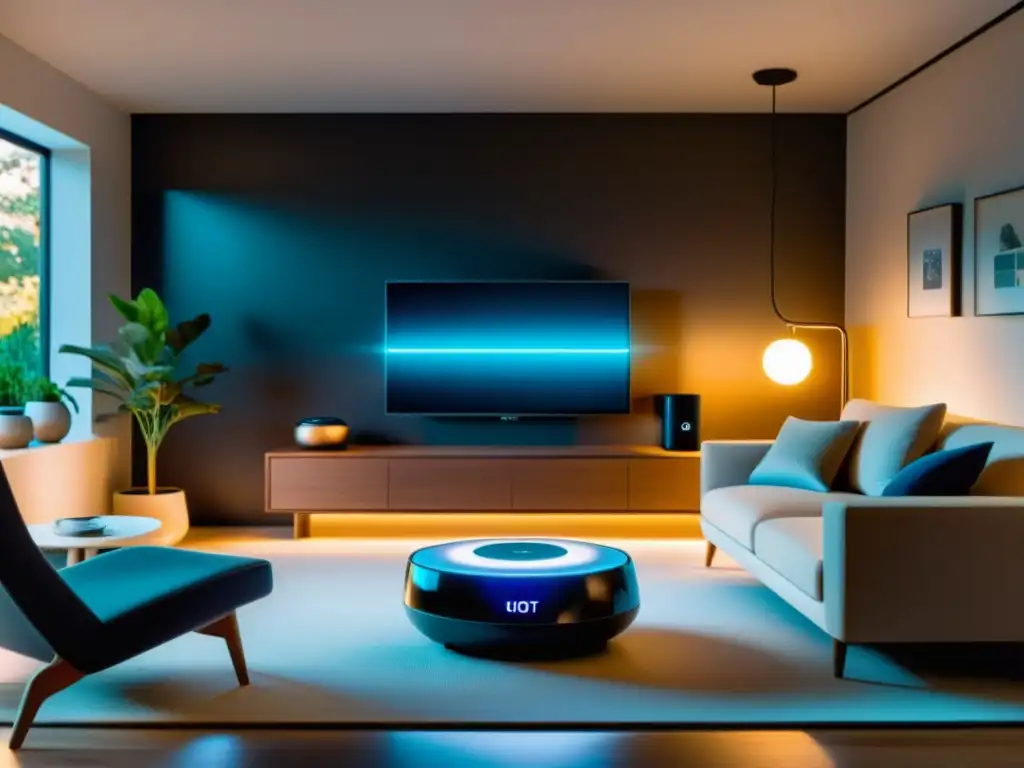 Una casa inteligente moderna con dispositivos IoT interactuando en un ambiente sofisticado