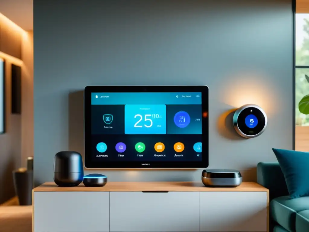 Una casa inteligente moderna con dispositivos IoT conectados, como cerraduras, cámaras de seguridad, termostatos y asistentes de voz