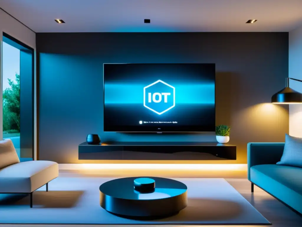 Una casa inteligente moderna y sofisticada con dispositivos IoT integrados, mostrando protección contra ciberataques en gadgets IoT