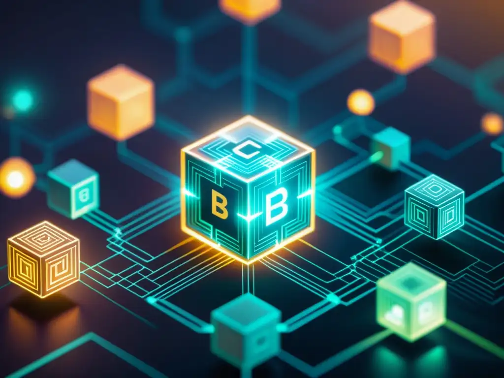Una representación visualmente cautivadora de una red blockchain con nodos interconectados y bloques de datos, en un estilo futurista y seguro descentralizado en tecnología blockchain