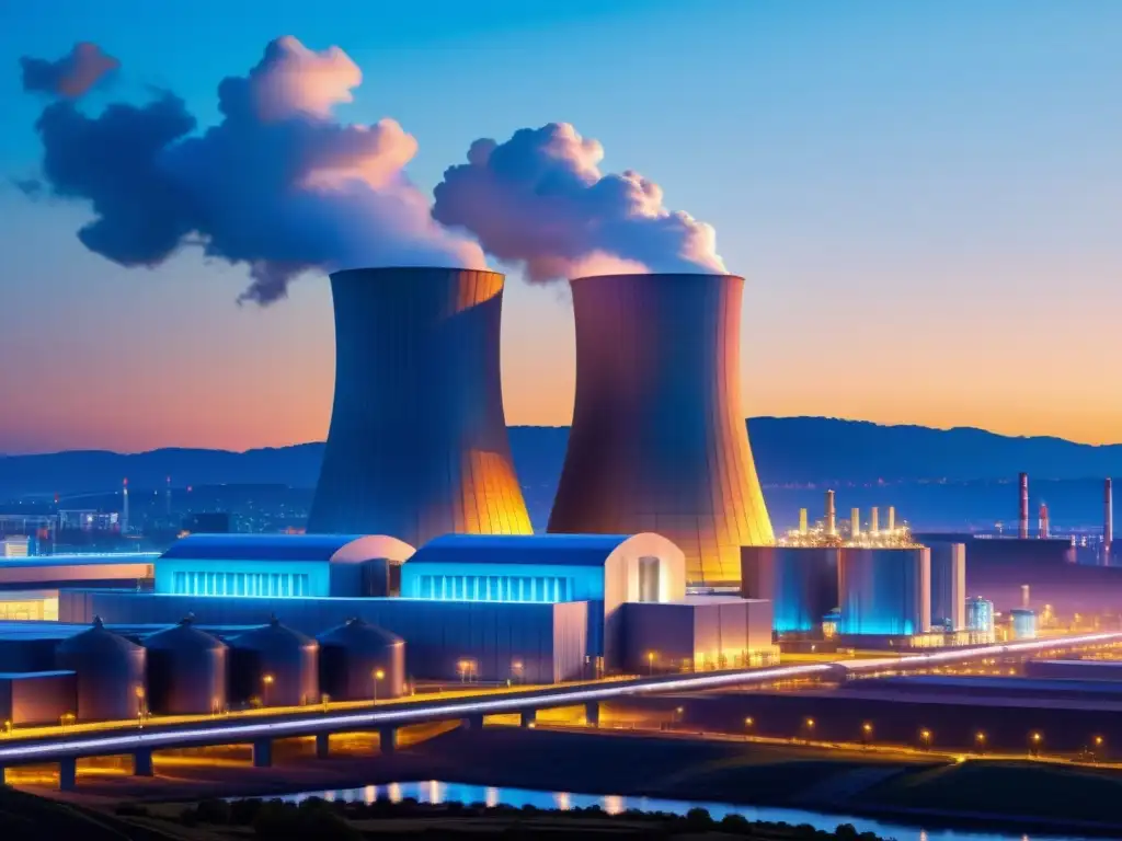 Una central nuclear futurista iluminada con un suave resplandor azul, integrada en la ciudad, promoviendo la energía atómica futuro sostenible