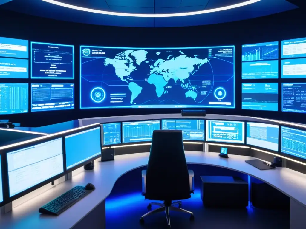 Centro de ciberseguridad futurista implementando plan ciberseguridad efectivo con monitores y técnicos en luz azul