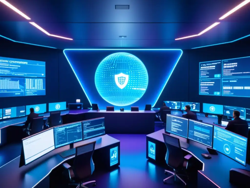 Centro de control futurista de ciberseguridad con tecnología avanzada y prevención ransomware tecnologías emergentes en azul