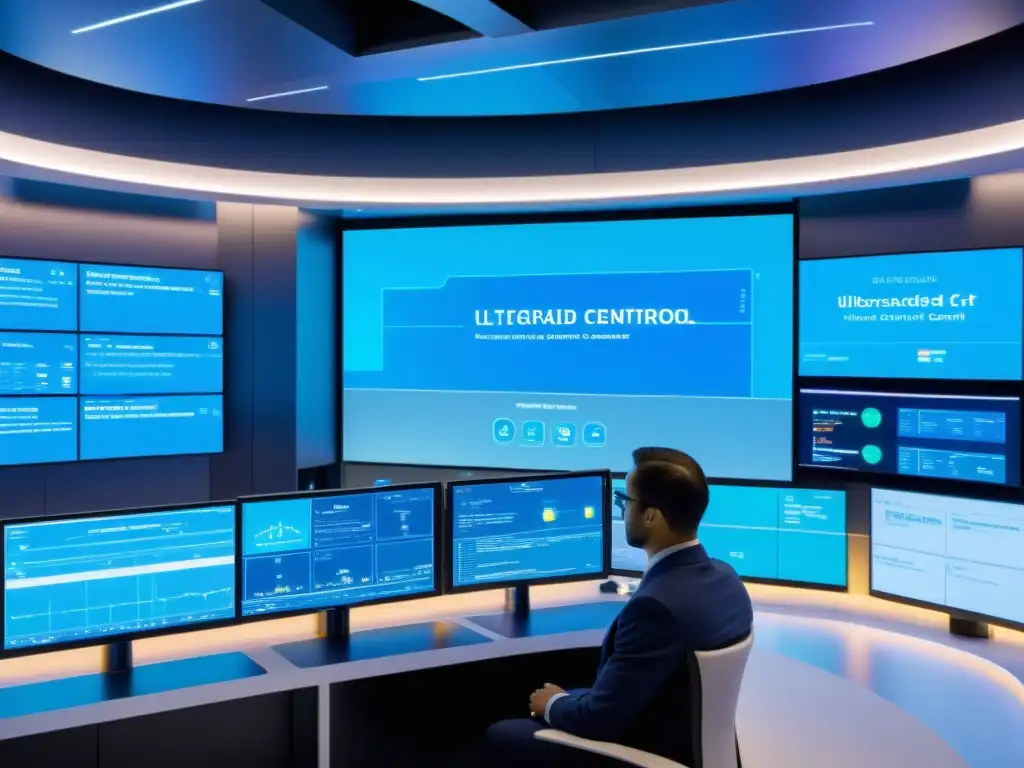 Centro de control de microredes: tecnología avanzada y trabajo en equipo Un centro de control de microredes de última generación, con ingenieros colaborando en una atmósfera moderna y tecnológica