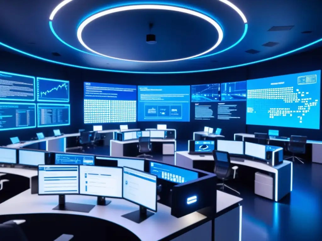 Centro de control de seguridad cibernética potenciada por IA con tecnología avanzada y ambiente futurista en tonos de neón azul y blanco