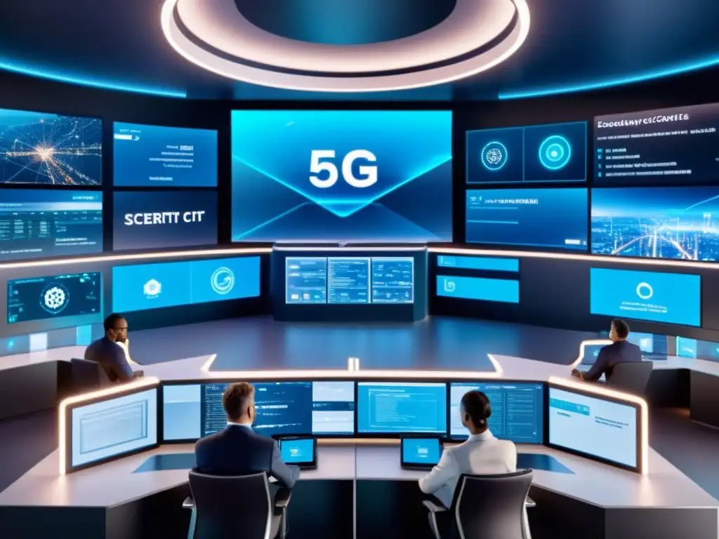 Centro de control de seguridad de redes tecnología 5G con avanzadas pantallas digitales y profesionales de ciberseguridad colaborando en un entorno moderno y futurista