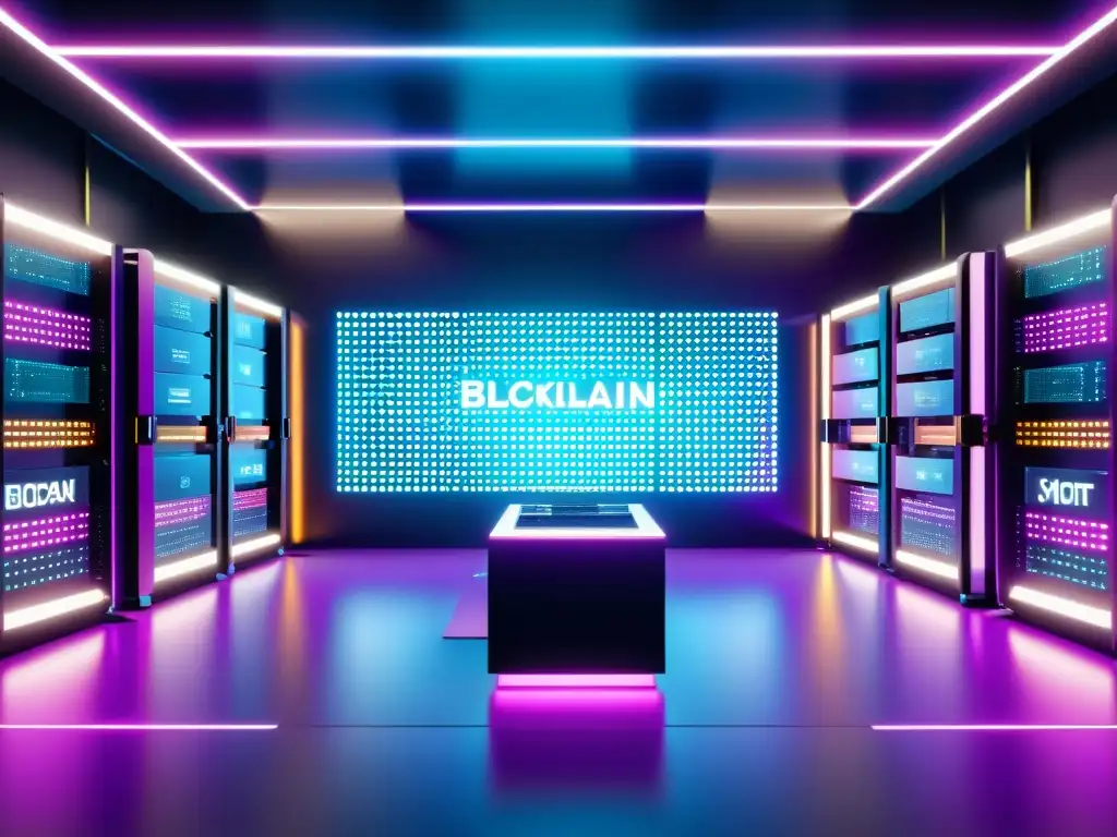 Centro de datos blockchain futurista: seguridad y tecnología de vanguardia Centro de datos blockchain y ciberseguridad con transacciones digitales seguras y tecnología de vanguardia en una composición dinámica y vibrante