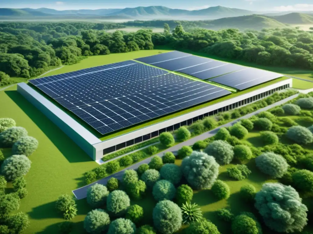 Un centro de datos ecoamigable rodeado de naturaleza exuberante, con paneles solares y turbinas eólicas integradas