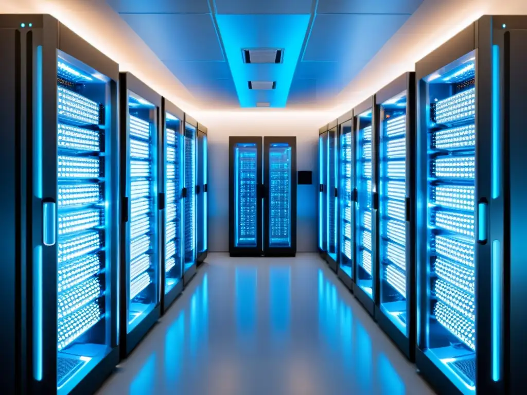 Centro de datos futurista: eficiencia energética y tecnología avanzada Un centro de datos futurista y eficiente, con servidores poderosos, cables intrincados y una iluminación azul suave