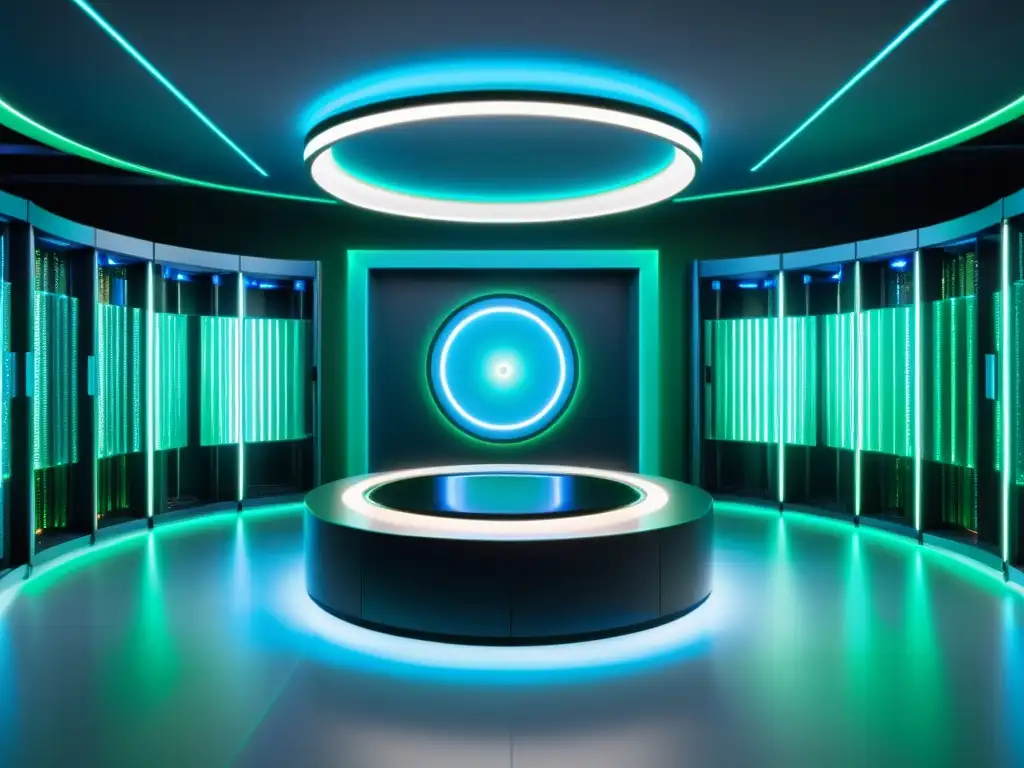 Un centro de datos futurista alberga servidores interconectados con luces azules y verdes