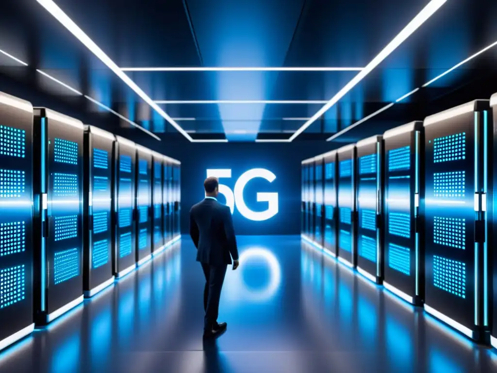 Un centro de datos futurista con servidores brillantes y profesionales trabajando juntos para garantizar la seguridad y eficiencia de las redes privadas 5G para empresas