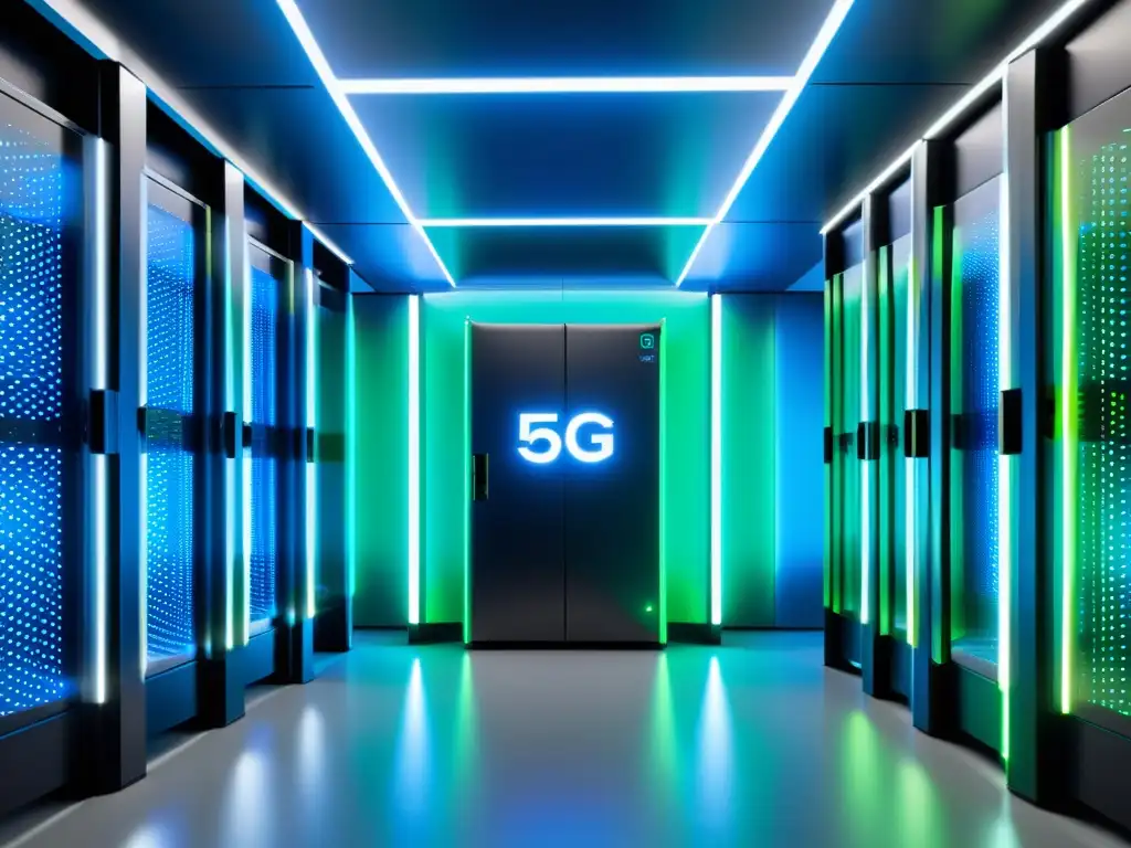 Un centro de datos 5G futurista y seguro iluminado con luces azules y verdes, desafiando la seguridad de los datos en tecnología 5G