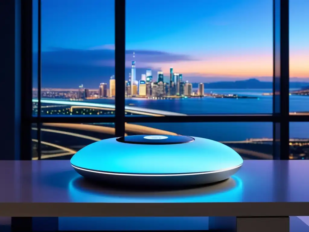 Un centro doméstico inteligente futurista con dispositivos IoT, proyectando una luz azul suave