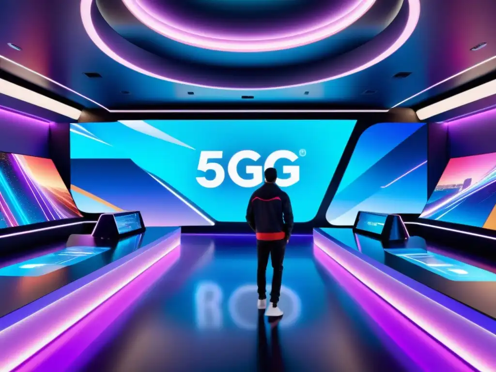 Centro de entretenimiento futurista con pantallas holográficas y tecnología 5G, despliega contenido en alta definición