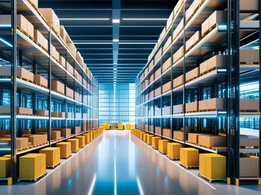 Centro logístico futurista con drones y vehículos automatizados, conectados por 5G Un centro de logística futurista y bullicioso, con drones y vehículos automatizados entre estantes de inventario