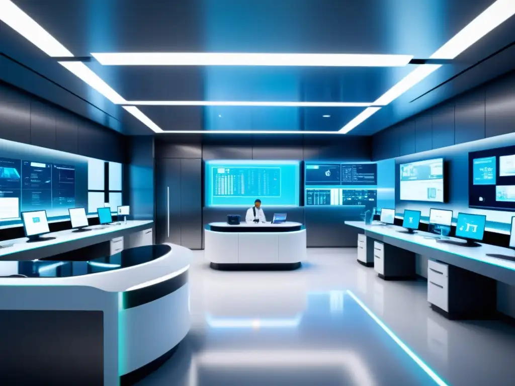 Un centro médico futurista con tecnología de vanguardia y protección de datos sensibles en salud