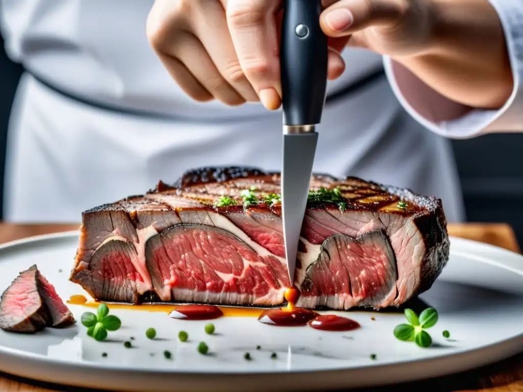 Un chef corta una suculenta carne de laboratorio, con vetas de grasa y corteza perfectamente sellada